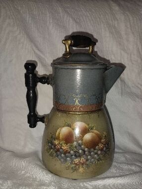 Hand-painted tole (tinware) coffee pot with fruit still life decoration